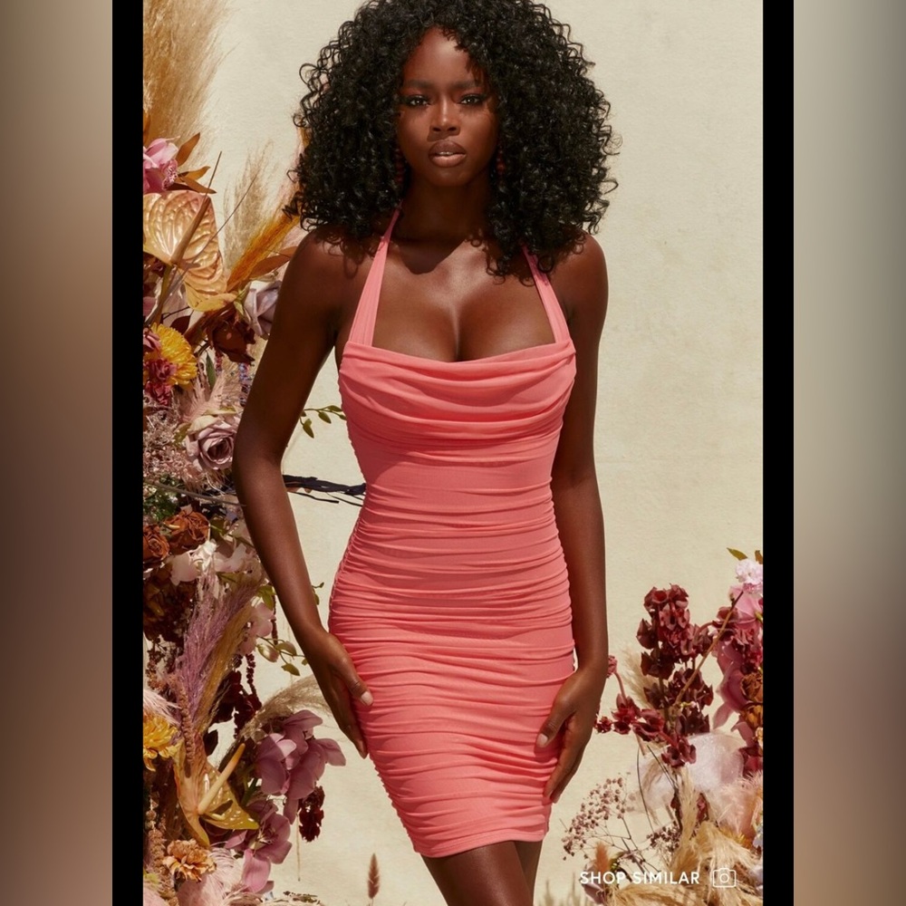 Oh Polly Coral Pink Ruched Halter Mini Dress